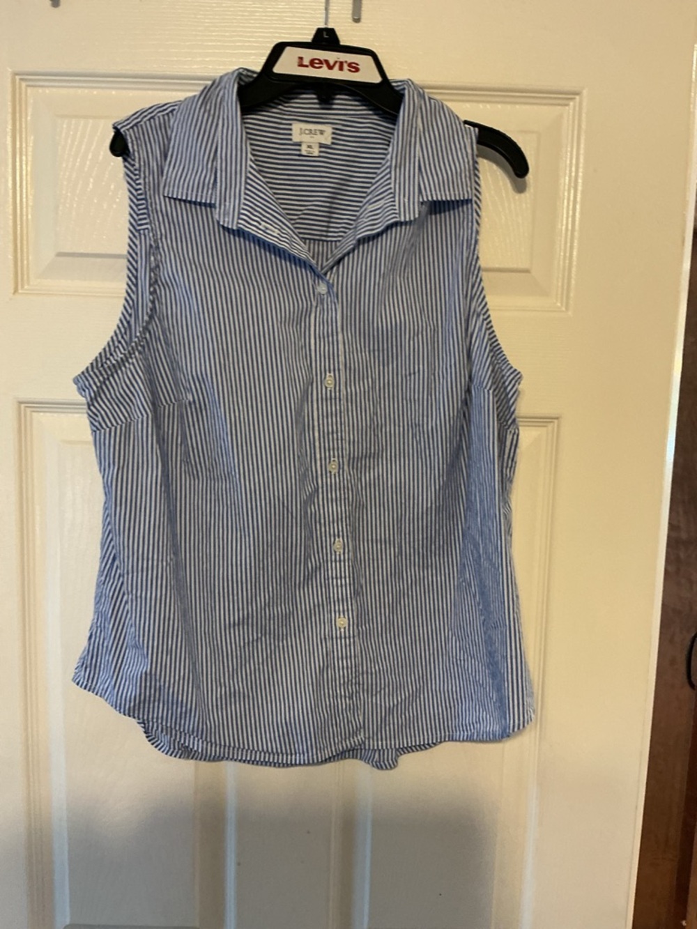 J.Crew Blue White Striped Sleeveless Button Down Top XL Coastal Preppy - Picture 5 of 8